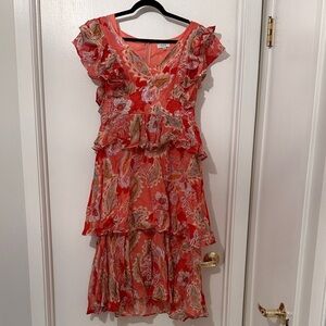 Fate Coral Paisley Ruffle Tiered Midi Dress